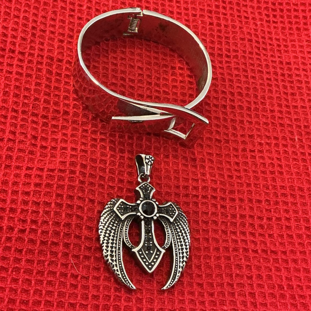Concert Jewelry-Sterling-Finish Angel Wing Cross Pendant and Bracelet